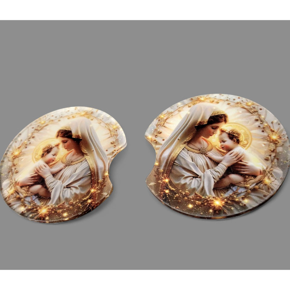 Vibrant Virgin Mary Baby Jesus Halo Light Round Car Coasters Religion Set of 2 - Picture 1 of 4